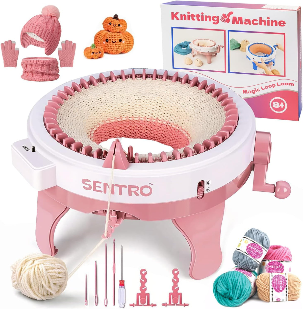 SENTRO Máquina de tejer 48 agujas con contador de filas para principiantes (rosa)