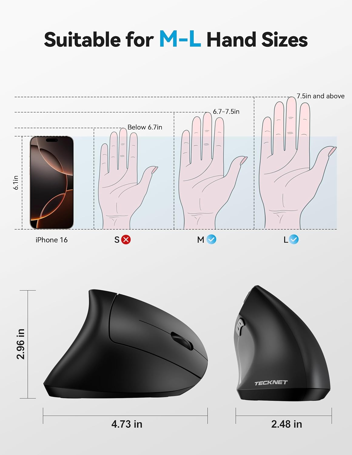 TECKNET Ratón ergonómico con Jiggler, mouse vertical inalámbrico Bl...