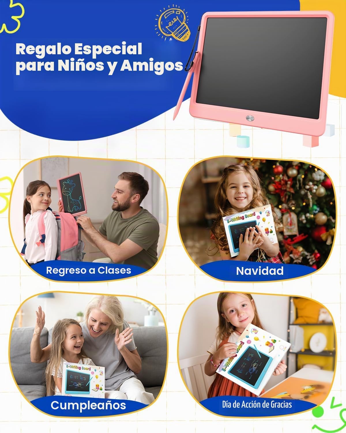 Tableta de Escritura LCD de 12 Pulgadas, Tableta de Dibujo Colorida para Garabatos, Almohadilla de Escritura Borrable y Reutilizable, Educativa para Niñas y Niños de 3-8 Años (Rosa)