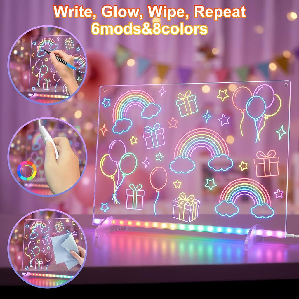 Tablero de dibujo LED con 8 colores, tableros de mensajes acrílicos de 11.8 x 7.8 pulgadas con 13 efectos de luz, tablero de garabatos brillantes, regalos para niños para Pascua, Halloween