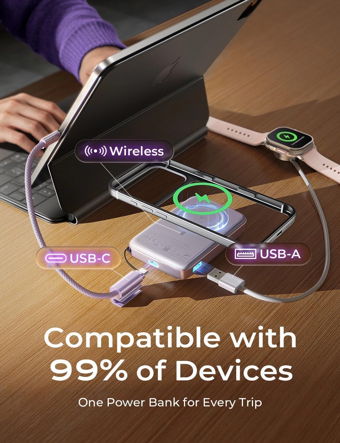 LISEN Cargador portátil magnético para iPhone 10000mAh, Violeta suave