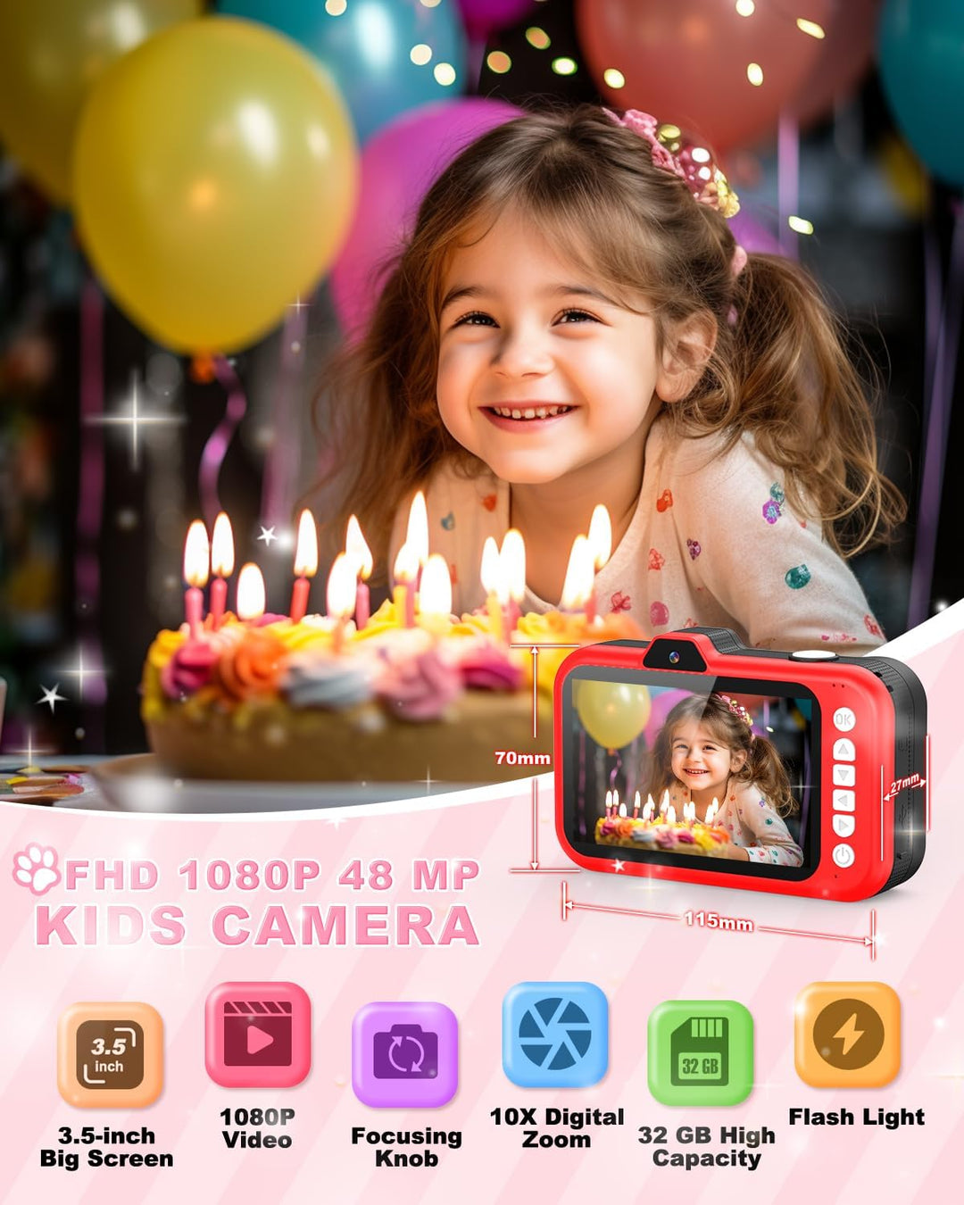 Cámara para niños Uffylle, cámara selfie frontal de 1080P 48MP para...