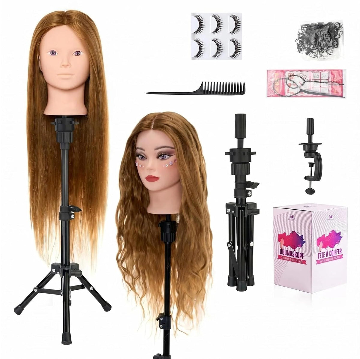 Cabeza de maniquí de 28 pulgadas, 80% cabello humano con soporte de trípode, cabezal de muñeca de práctica de maquillaje y peinado para trenzar, cortar, cabezal de maniquí con abrazadera de mesa + accesorios de peinado gratuitos