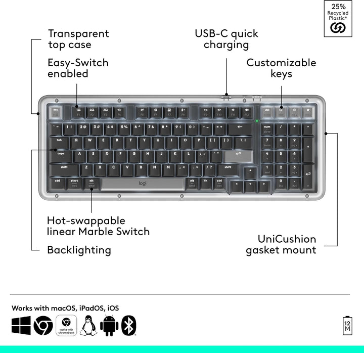 Logitech Alto Keys K98M Teclado mecánico inalámbrico con clicky, te...