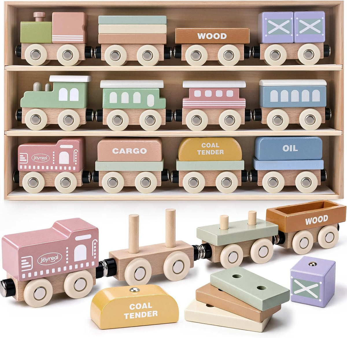 Juego de tren de madera para niños pequeños, 12 vagones magnéticos Montessori con caja de regalo de almacenamiento, compatible con las principales marcas, juguete de bloques apilables de madera para