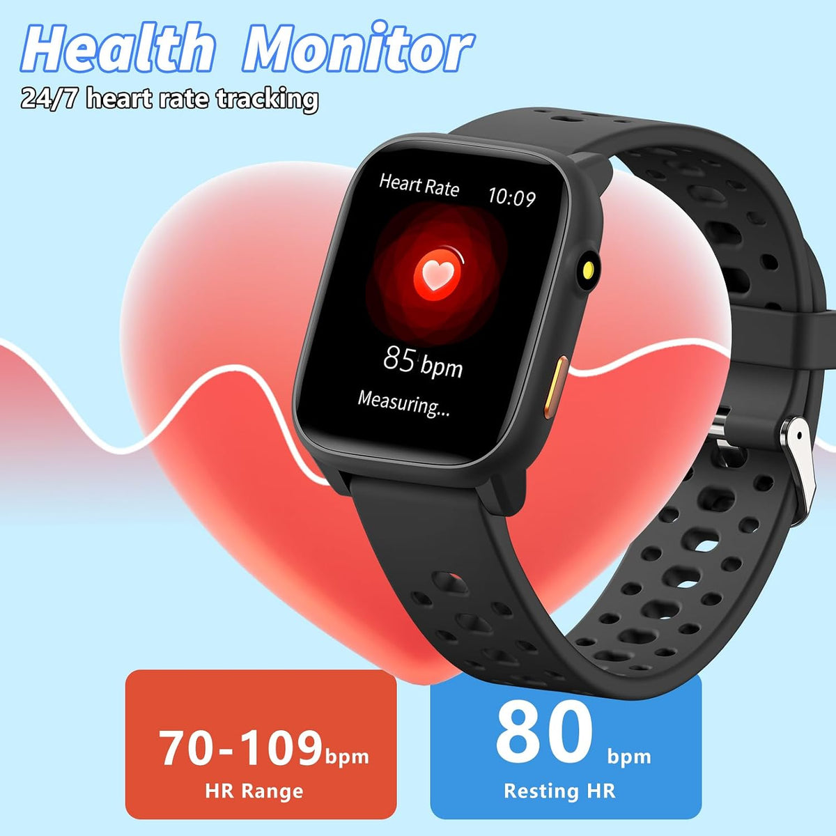 Reloj inteligente, reloj de 1.83 pulgadas para niños, frecuencia cardíaca, monitor de sueño, podómetro, reloj despertador, linterna