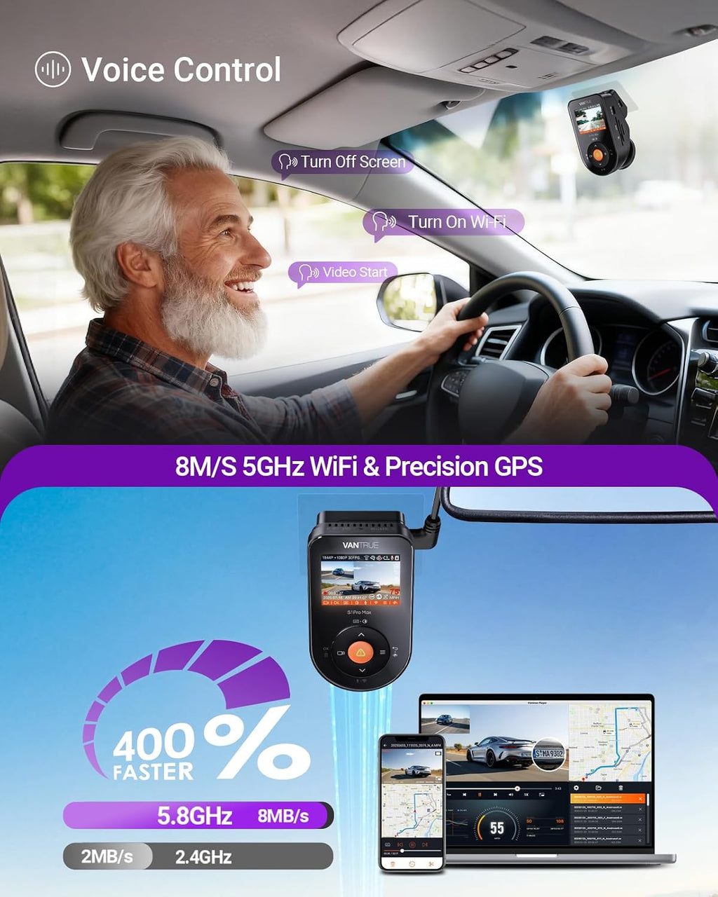 Vantrue S1 Pro Max 4K+2.5K Dash Cam, Dual STARVIS 2 Delantero y Trasero