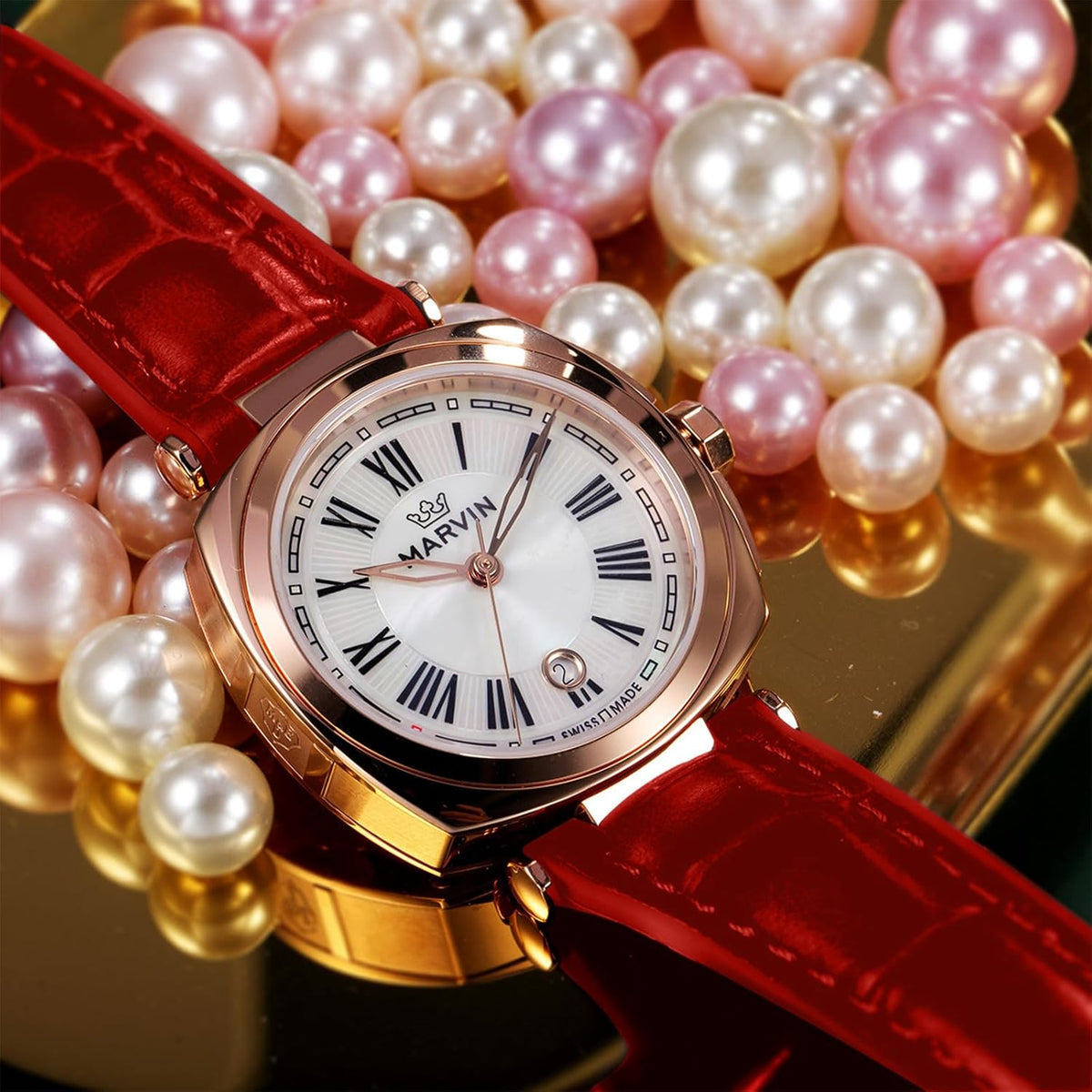 marvin Relojes para mujer, reloj suizo de pulsera con correa de silicona y cuero, caja de acero inoxidable en tono dorado rosa, movimiento de cuarzo, resistente al agua hasta 164.0 ft