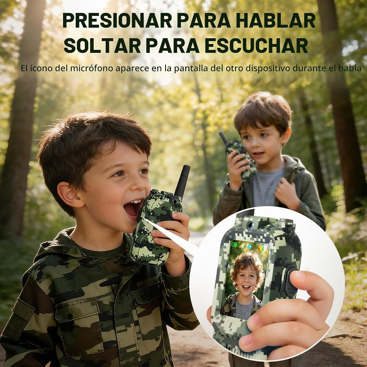 Walkie Talkies de video para niños, paquete de 2 juguetes de radio de camuflaje de 2 vías para niños de 3 a 12 años, walkie talkie de mano de largo alcance para acampar al aire libre, senderismo, el
