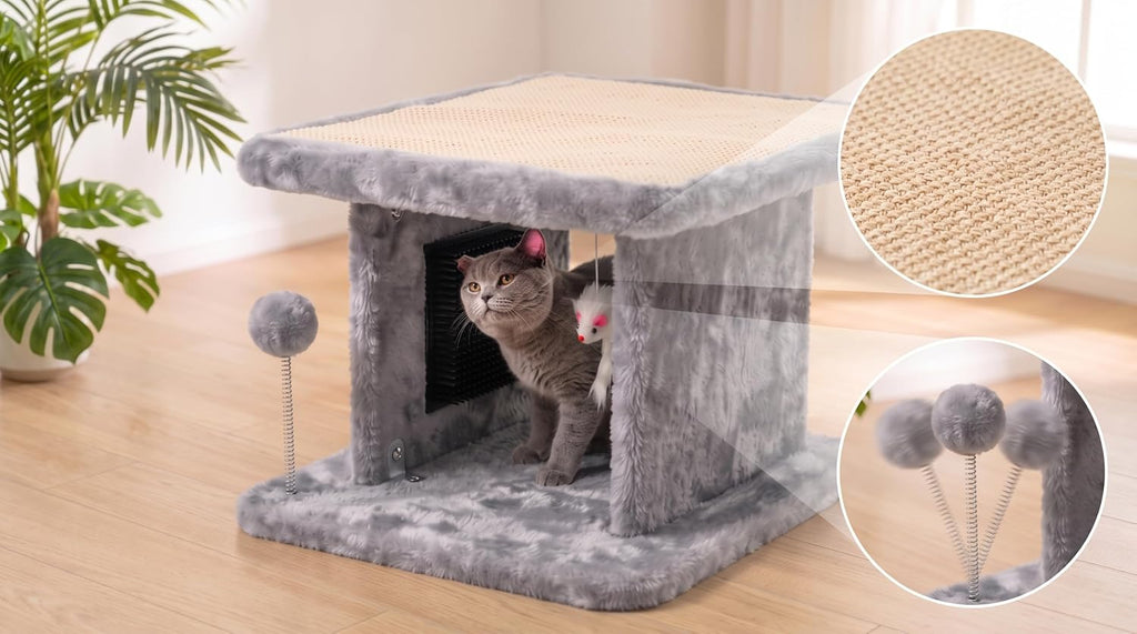 Cama grande para gatos con poste rascador y tabla de peinar