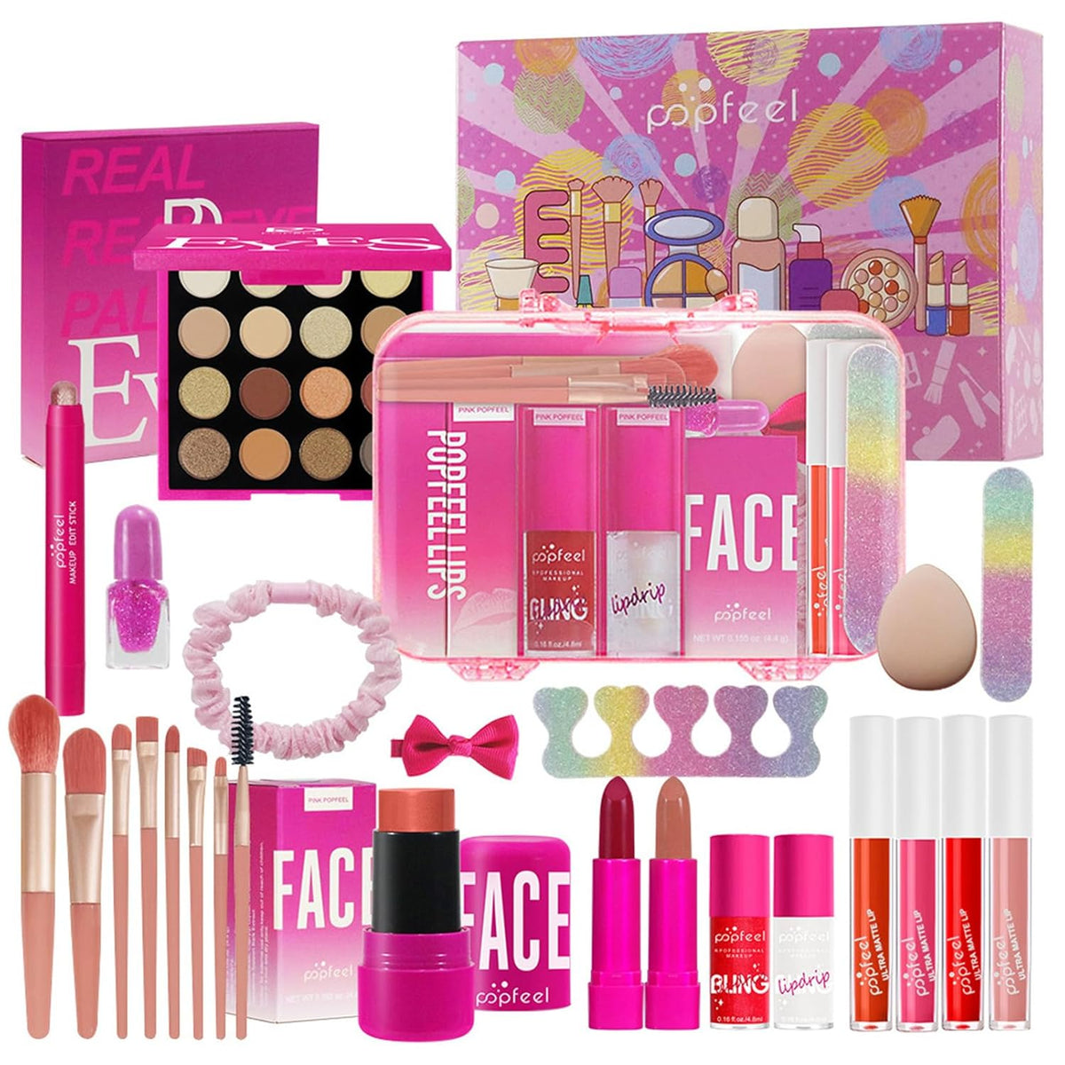 Kit de maquillaje todo en uno rosa intenso para mujeres, kit comple...