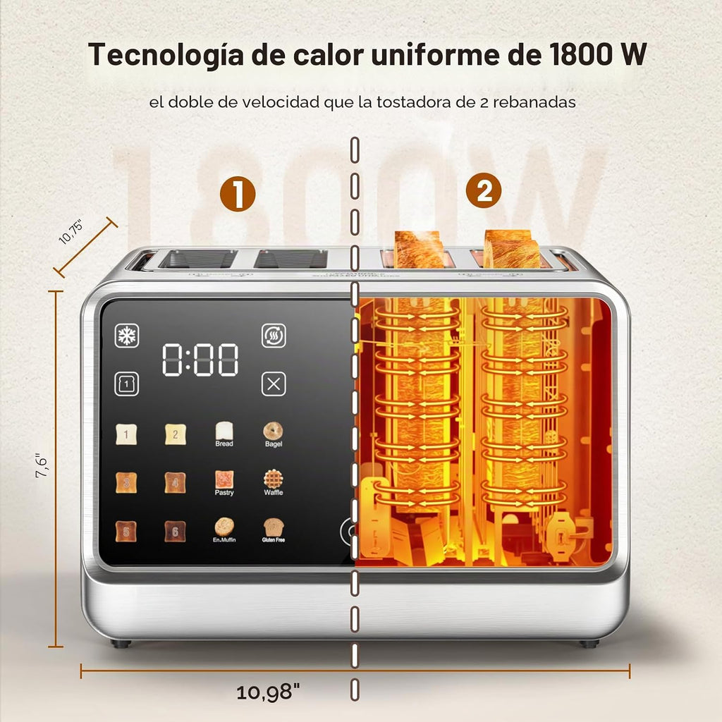 Tostadora inteligente de 4 rebanadas, pantalla táctil digital