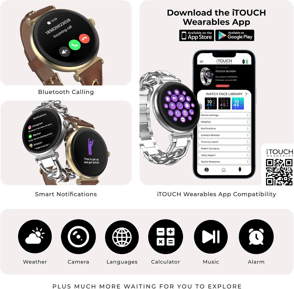 iTouch Bloom - Reloj inteligente para mujer, pantalla AMOLED de 1.32 pulgadas, rastreador de actividad física con llamadas Bluetooth, seguimiento de frecuencia cardíaca y sueño, más de 60 modos deportivos, reloj inteligente impermeable IP68 para Android y