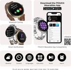 iTouch Bloom - Reloj inteligente para mujer, pantalla AMOLED de 1.32 pulgadas, rastreador de actividad física con llamadas Bluetooth, seguimiento de frecuencia cardíaca y sueño, más de 60 modos deportivos, reloj inteligente impermeable IP68 para Android y