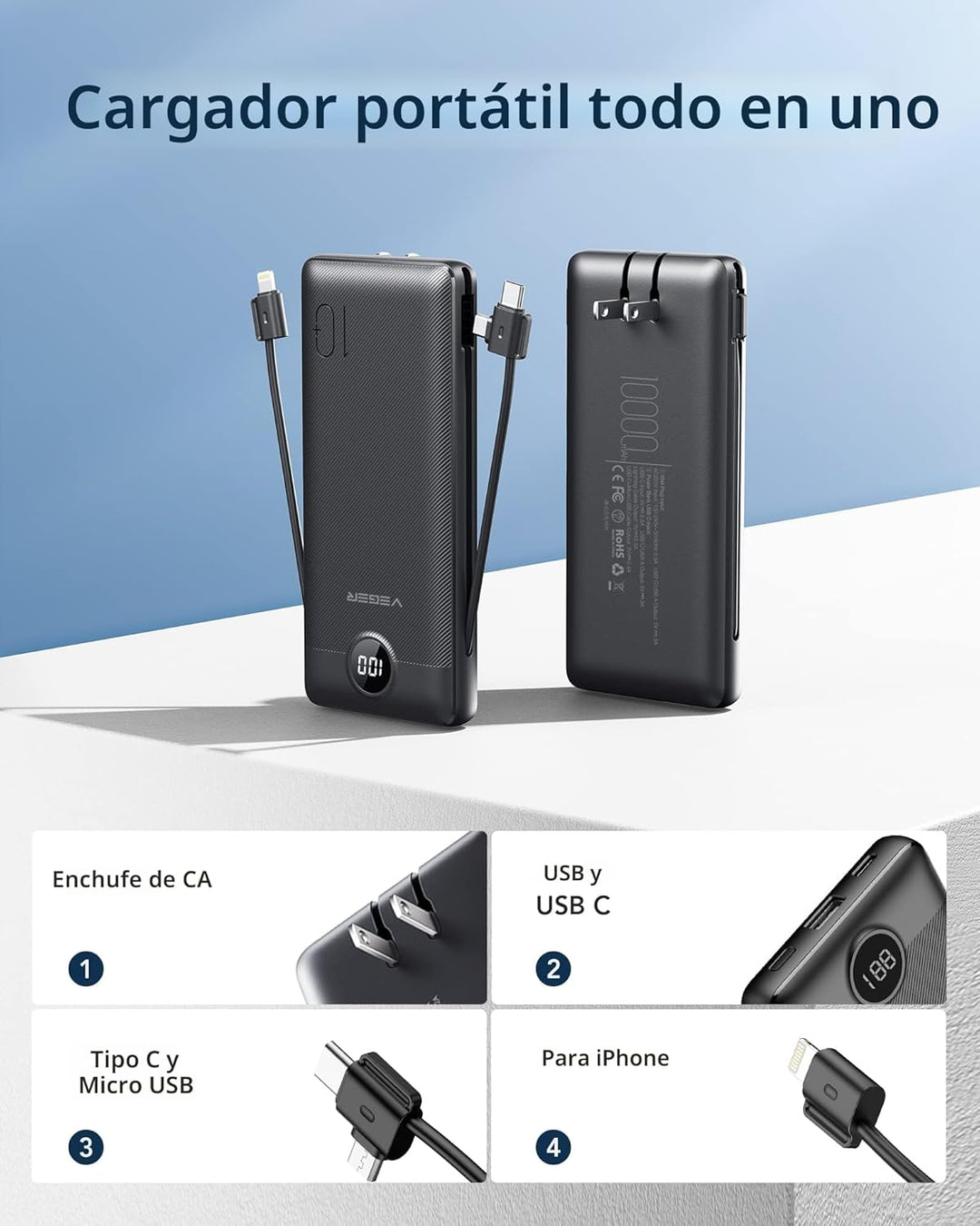 VEGER Cargador portátil para iPhone con cables integrados y enchufe...