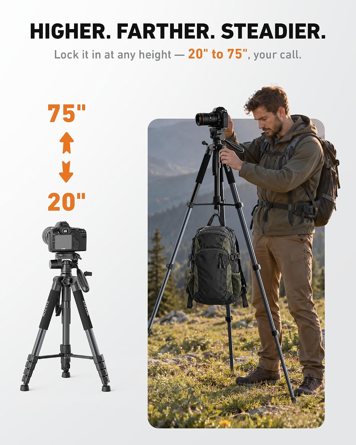 75" Tripode para Cámara, Soporte de Cámara en Aluminio de Alta Resistencia para iPad/Teléfono, Trípode de Viaje con Control Remoto/Bolsa de Transporte/Móvil Tableta Soporte, Compatible con DSLR, Telescopios de Observación, Carga Máxima 15 lb (Gris)