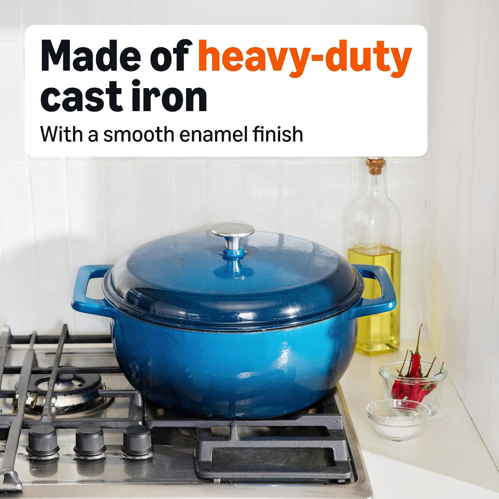 Amazon Basics Olla holandesa de hierro fundido esmaltado con tapa, 6 cuartos de galón, redonda, doble asa, resistente, apta para horno para guisos, asar y hornear, azul