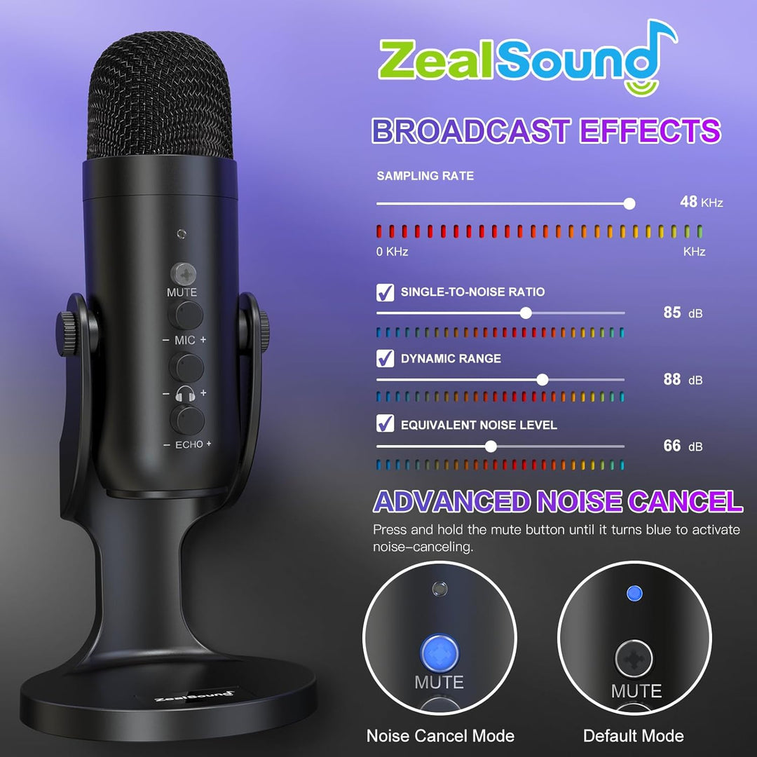 ZealSound Micrófono de podcast para PC, micrófono USB con cancelaci...