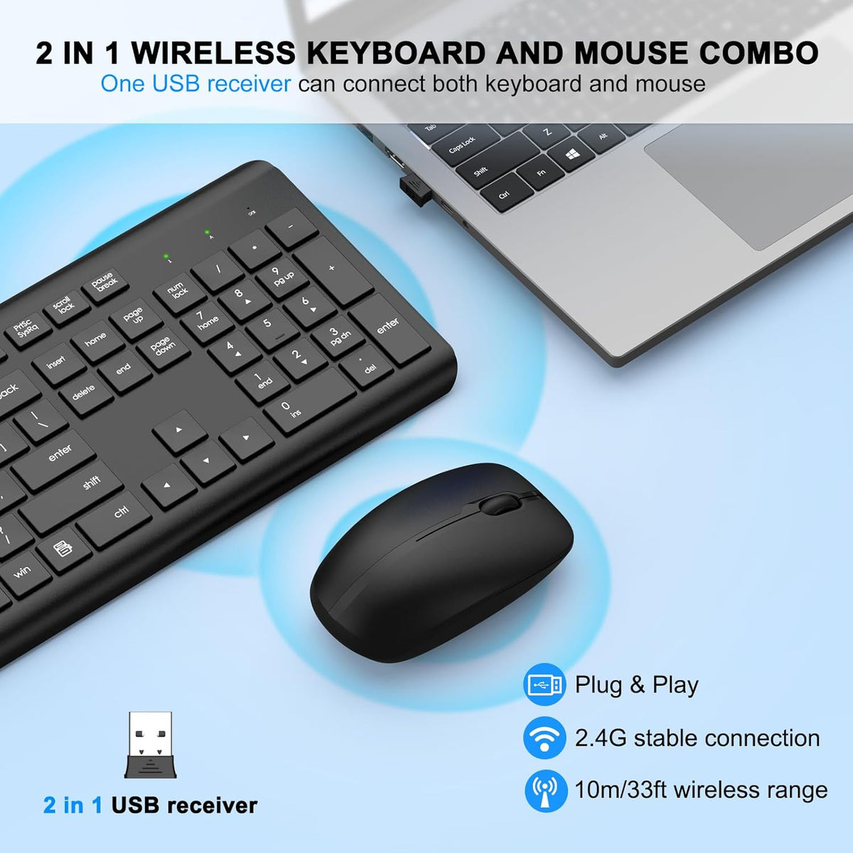 Combo de Teclado y Ratón Inalámbricos, Teclado y Ratón Ergonómicos de Tamaño Completo, Negro-8pack