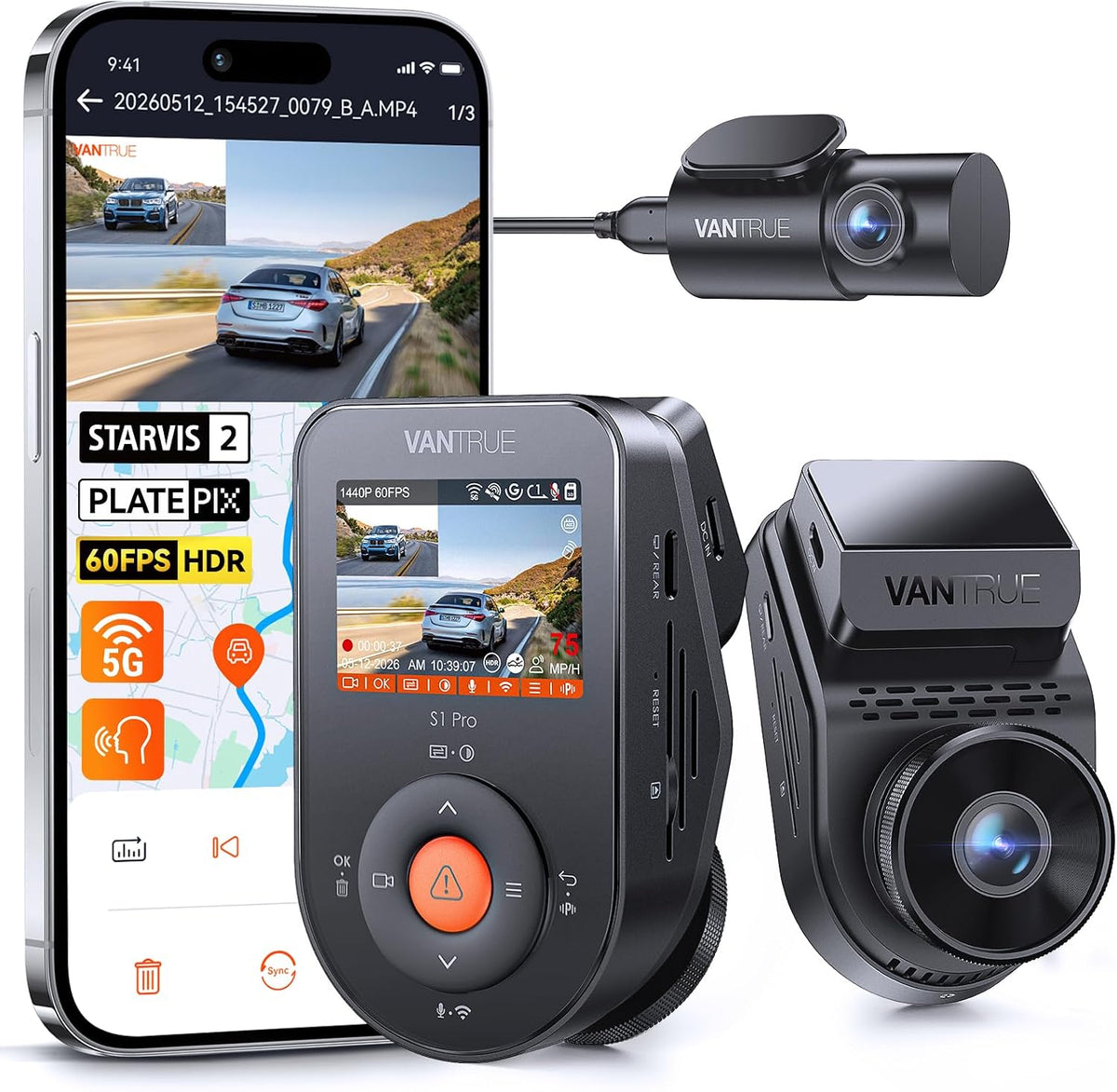 Vantrue Cámara de tablero S1 Pro de 60 fps delantera y trasera