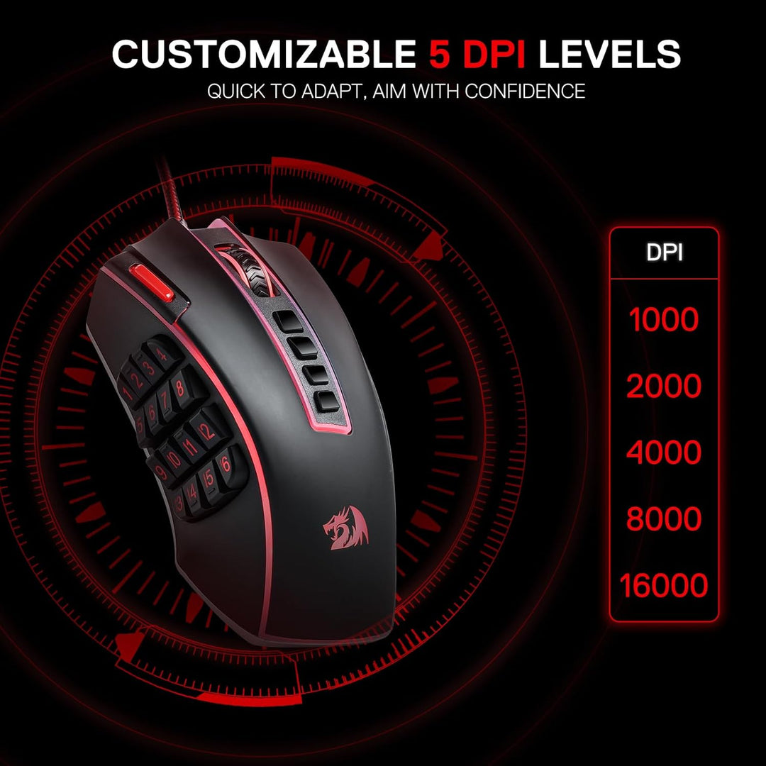 Redragon M990 MMO Ratón Gaming, 32000 DPI de alta precisión con cab...