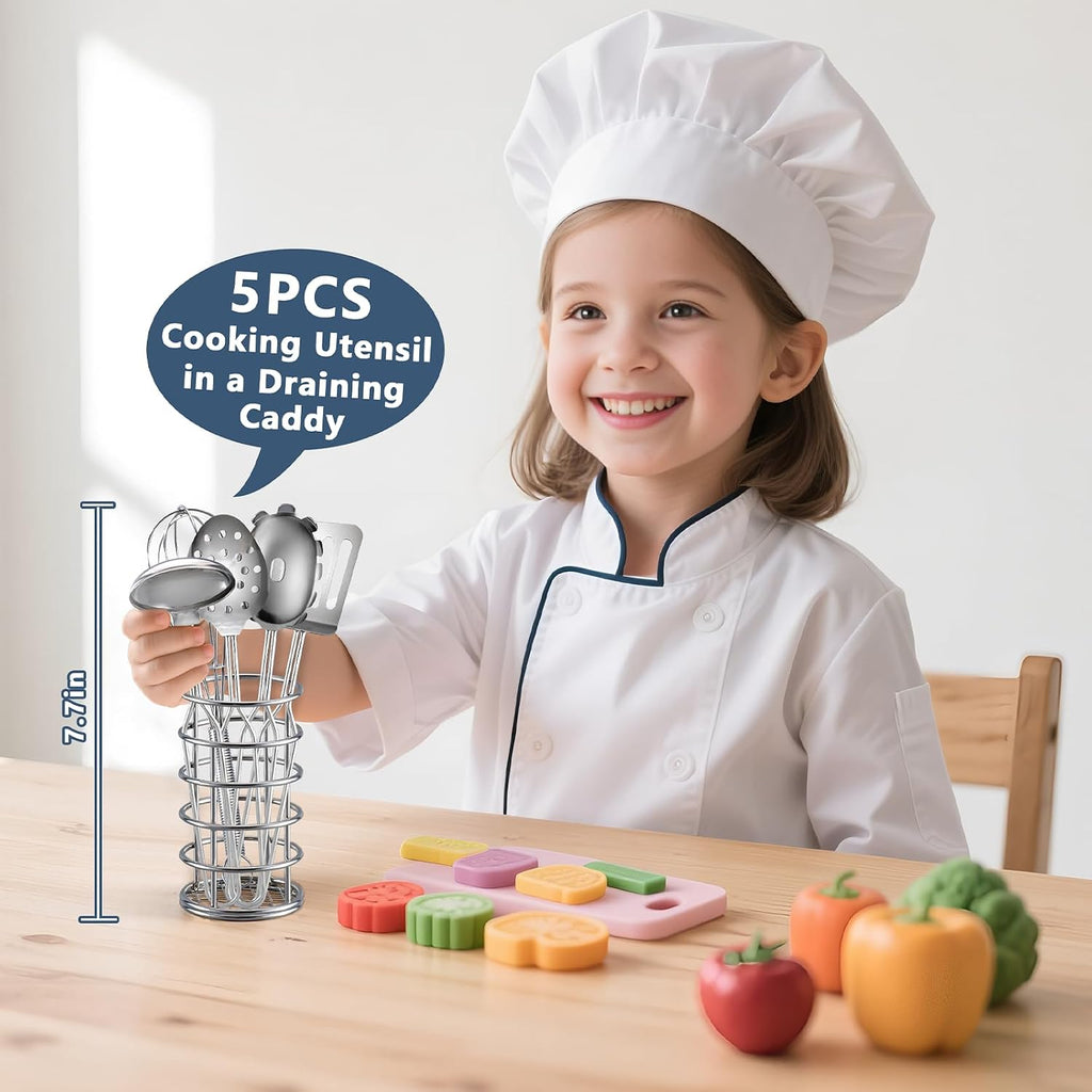 Juego de 13 piezas de accesorios de cocina para niños, ollas y sartenes de acero inoxidable, utensilios de cocina en carrito de drenaje, accesorios para niños de 3 años