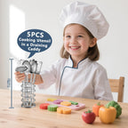 Juego de 13 piezas de accesorios de cocina para niños, ollas y sartenes de acero inoxidable, utensilios de cocina en carrito de drenaje, accesorios para niños de 3 años
