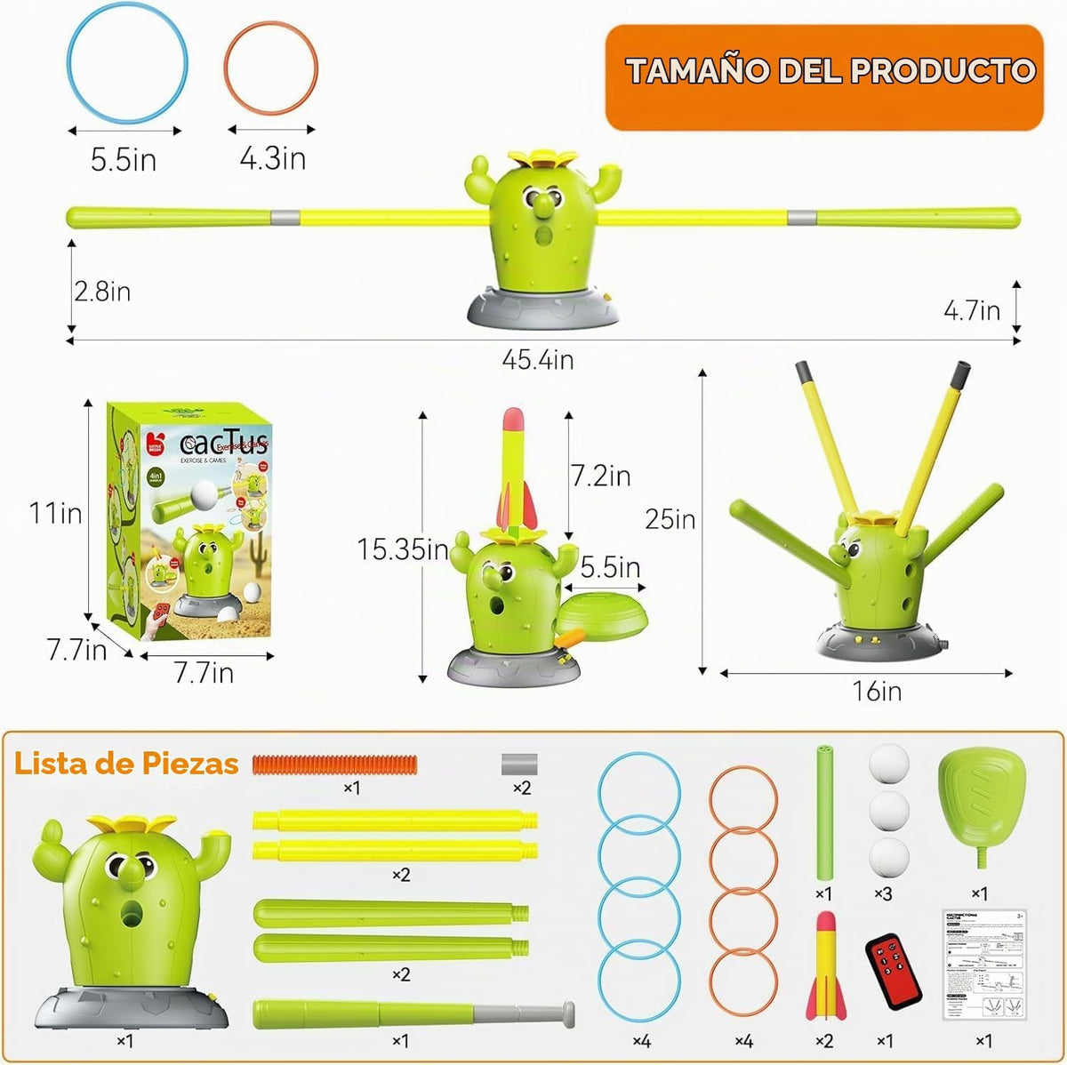 Set de 4 en 1 Juguetes Musicales de Cactus Saltarín con Lanzador de Cohete con Patada