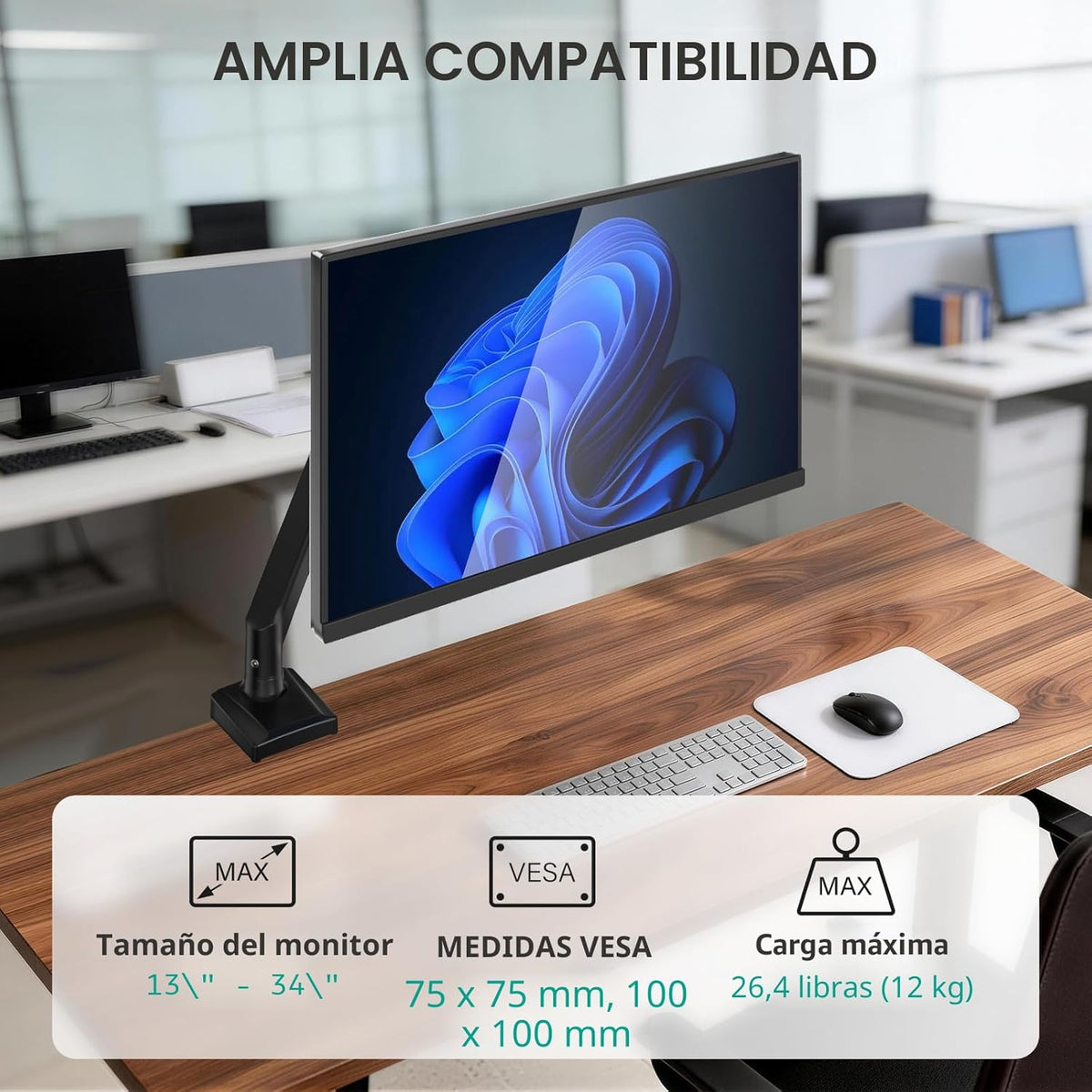 WALI GSMP001N - Soporte para monitor de un solo monitor, brazo de monitor de resorte de gas para pantallas de 17 a 34 pulgadas, monitores de computadora ajustables que soportan hasta 26.4 libras, con