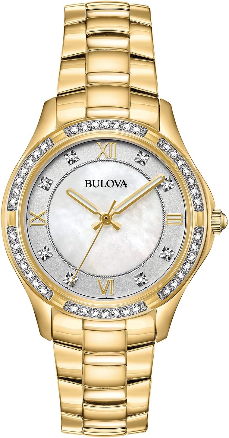 Reloj Bulova para mujer de acero inoxidable con cristal de 3 manecillas, mecanismo de cuarzo, esfera de nácar blanca