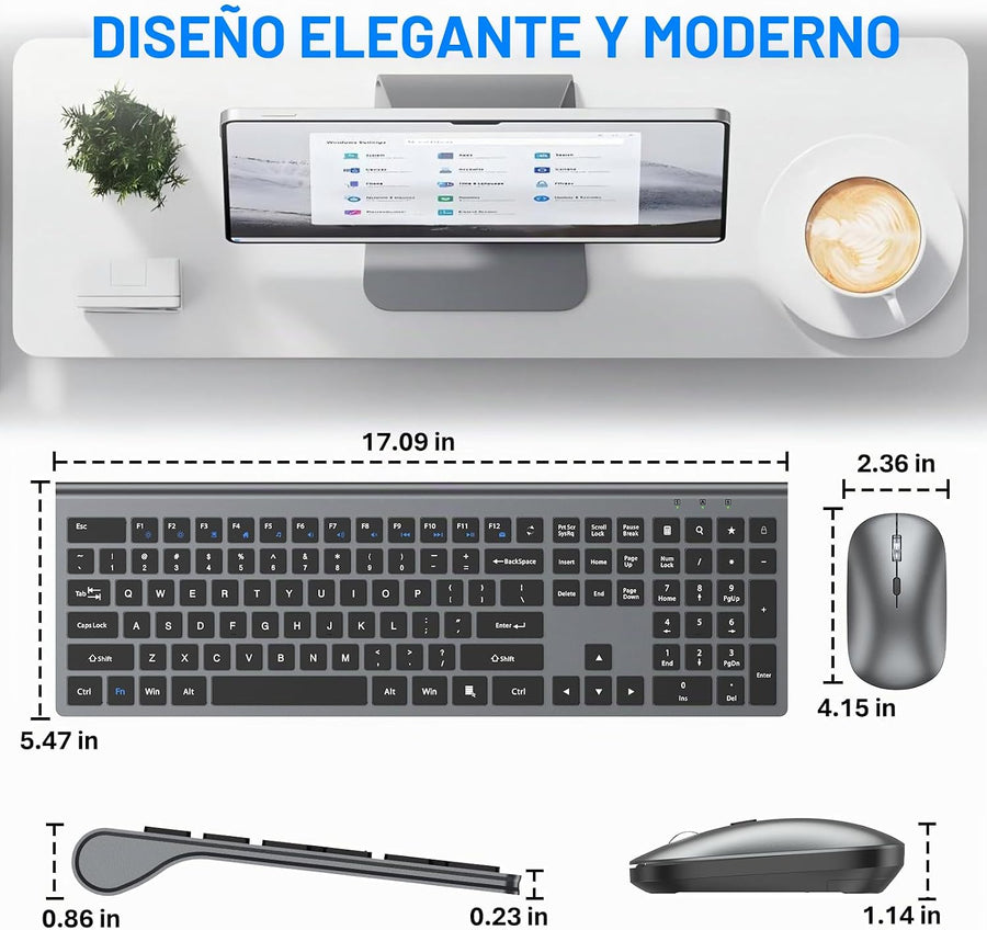 Combo de teclado y mouse inalámbricos, teclado silencioso ultra del...