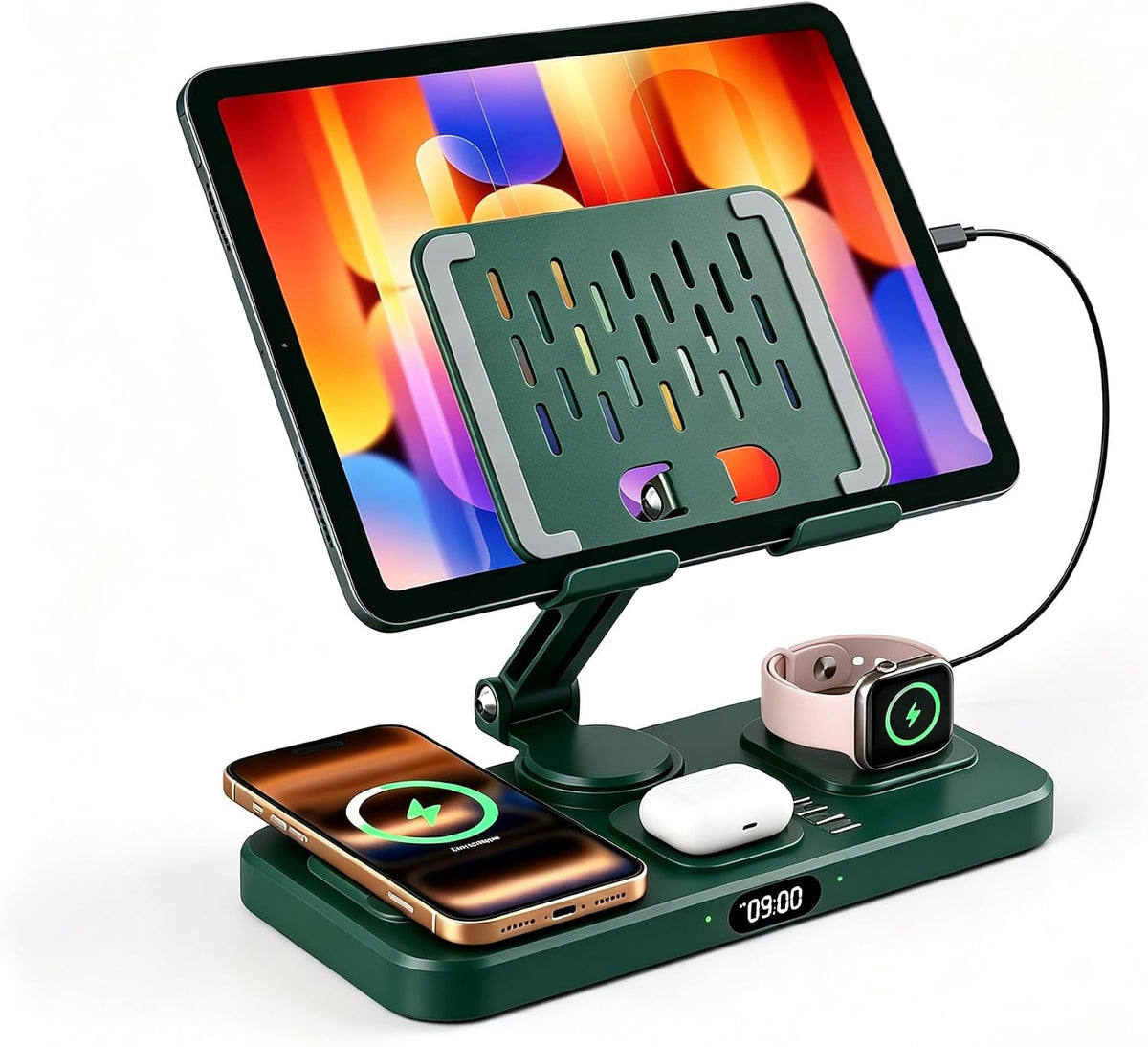 Estación de carga magnética para múltiples dispositivos Apple, cargador inalámbrico con reloj y luz, soporte de carga plegable con cable para iPad/Tab, cargador seguro para iPhone 17, para Apple Watch