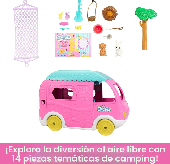Barbie Camper, Chelsea - Juego 2 en 1 con muñeca pequeña, 2 mascota...