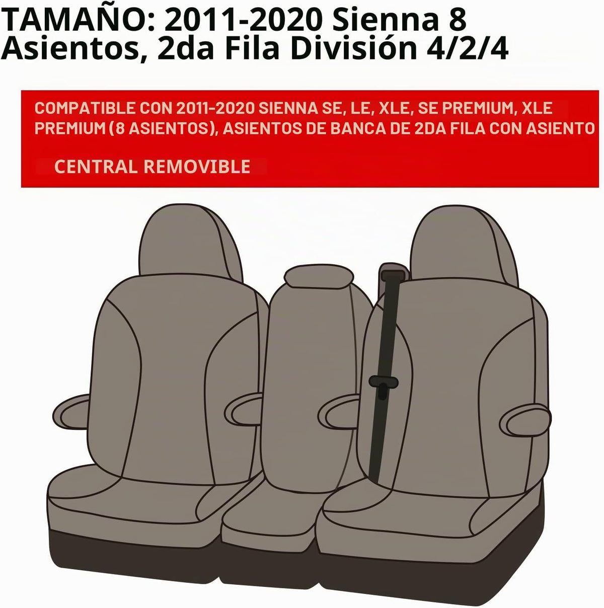 EKR - Funda de asiento para vehículo, 8 asientos, 2da fila con división 424, juego completo, tres filas, cuero, color negro