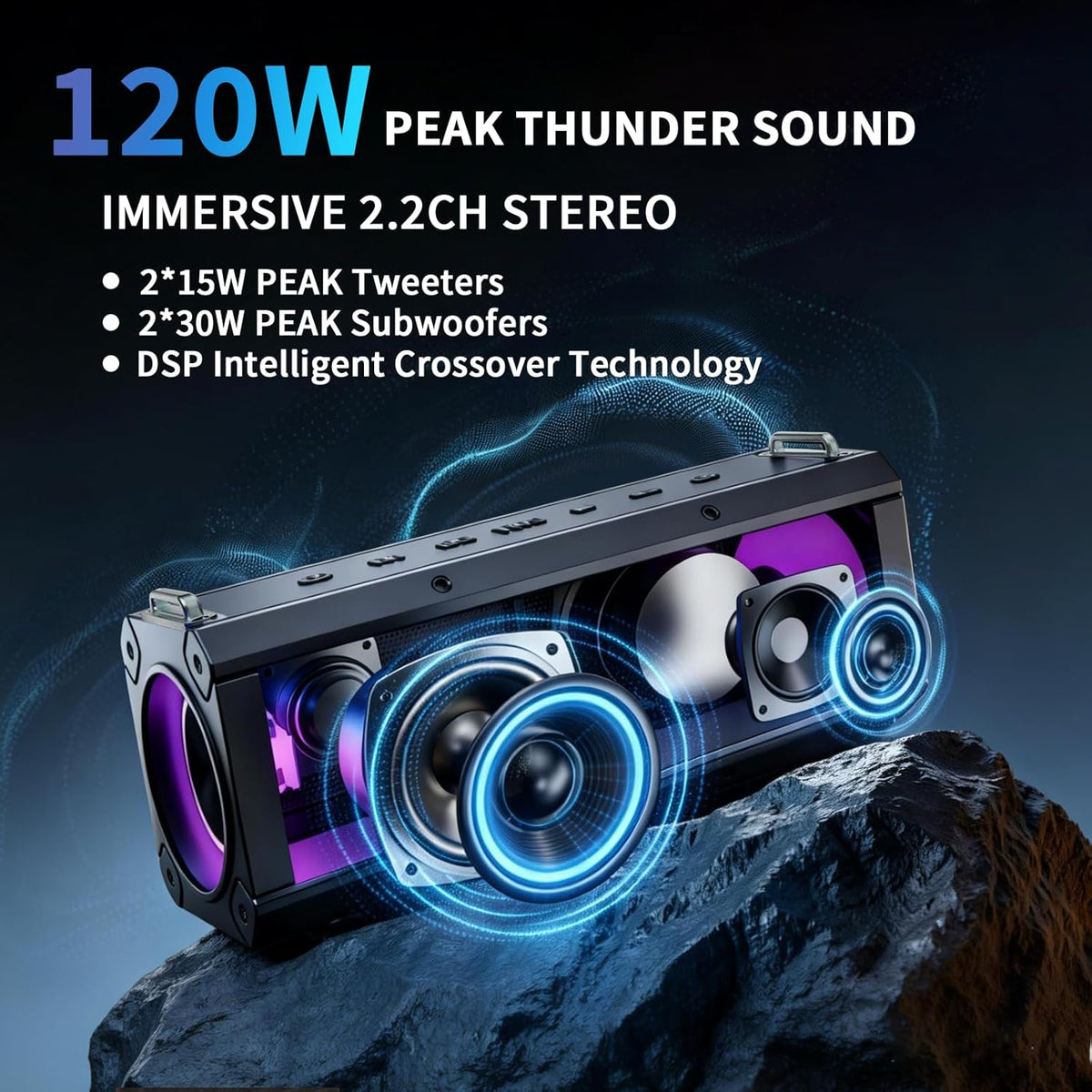 Hupoaf Altavoz Bluetooth inalámbrico, 120 W (pico) Altavoz exterior con graves, Negro profundo