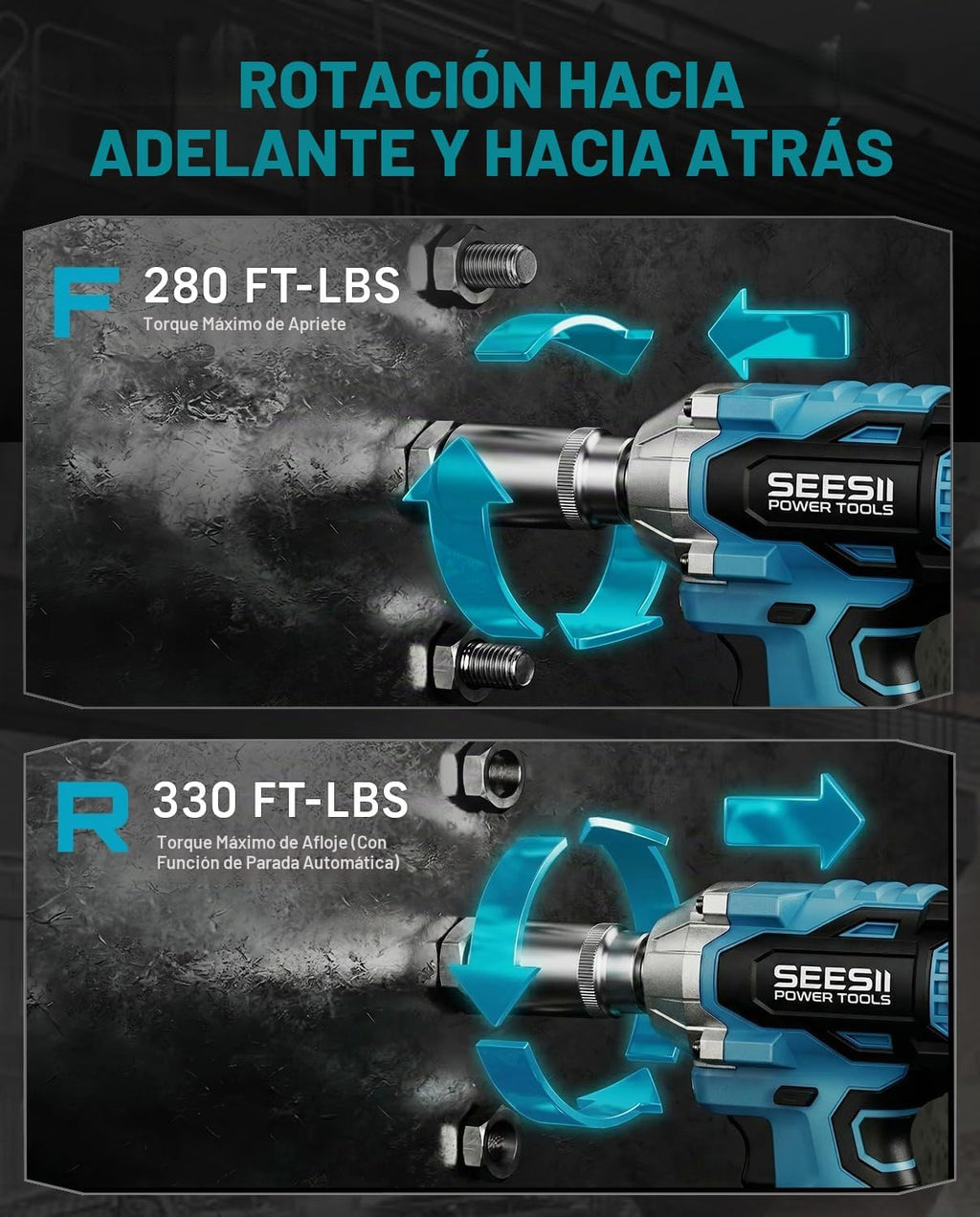 Seesii Llave de impacto inalámbrica de 3/8", pistola de impacto eléctrica con par máximo de 330 pies-libra (450 N.m), batería recargable de 4.0 Ah y 4 enchufes, llave de impacto eléctrica compacta