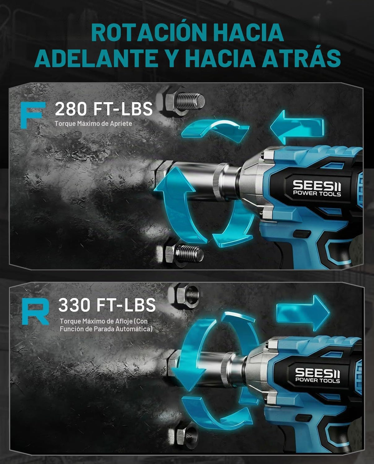 Seesii Llave de impacto inalámbrica de 3/8", pistola de impacto eléctrica con par máximo de 330 pies-libra (450 N.m), batería recargable de 4.0 Ah y 4 enchufes, llave de impacto eléctrica compacta