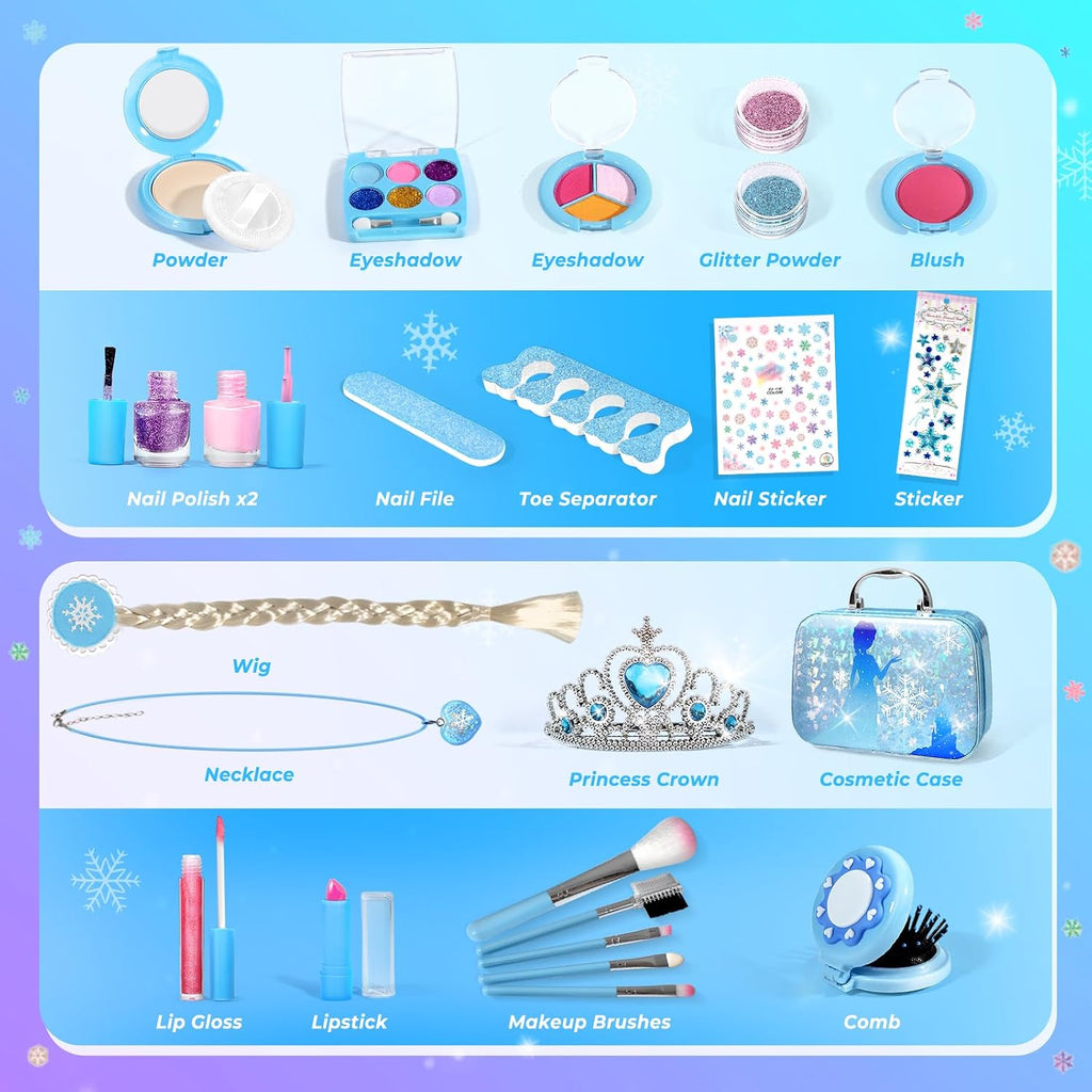INNOCHEER - Kit de maquillaje infantil para niñas, juego de maquillaje congelado para niñas, kit de maquillaje lavable real para niñas, regalos de princesa de cumpleaños, Navidad, para niñas de 3, 4, 5, 6, 7, 8, 9, 10, 11, 12 años