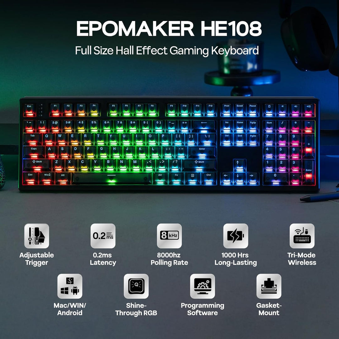 EPOMAKER HE108 Wireless Gaming Keyboard, 8K Polling &amp; 10000mAh,...