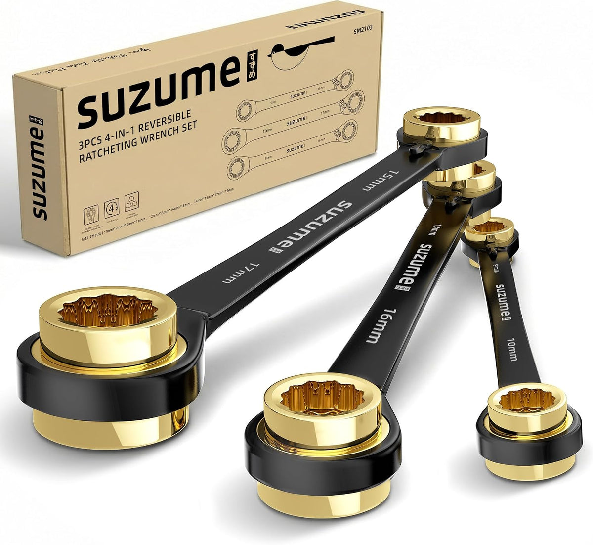 Llave de trinquete 4 en 1, 3 piezas, métrica reversible