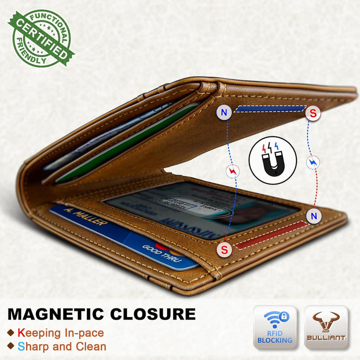 BULLIANT Cartera magnética para hombre, de piel de grano completo,...