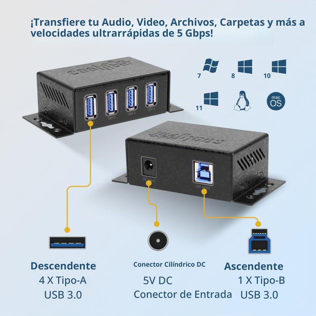 Coolgear, CG-U3MINI4PH, hub USB 3.2 de 4 puertos, alimentado, adaptador 5V/4A