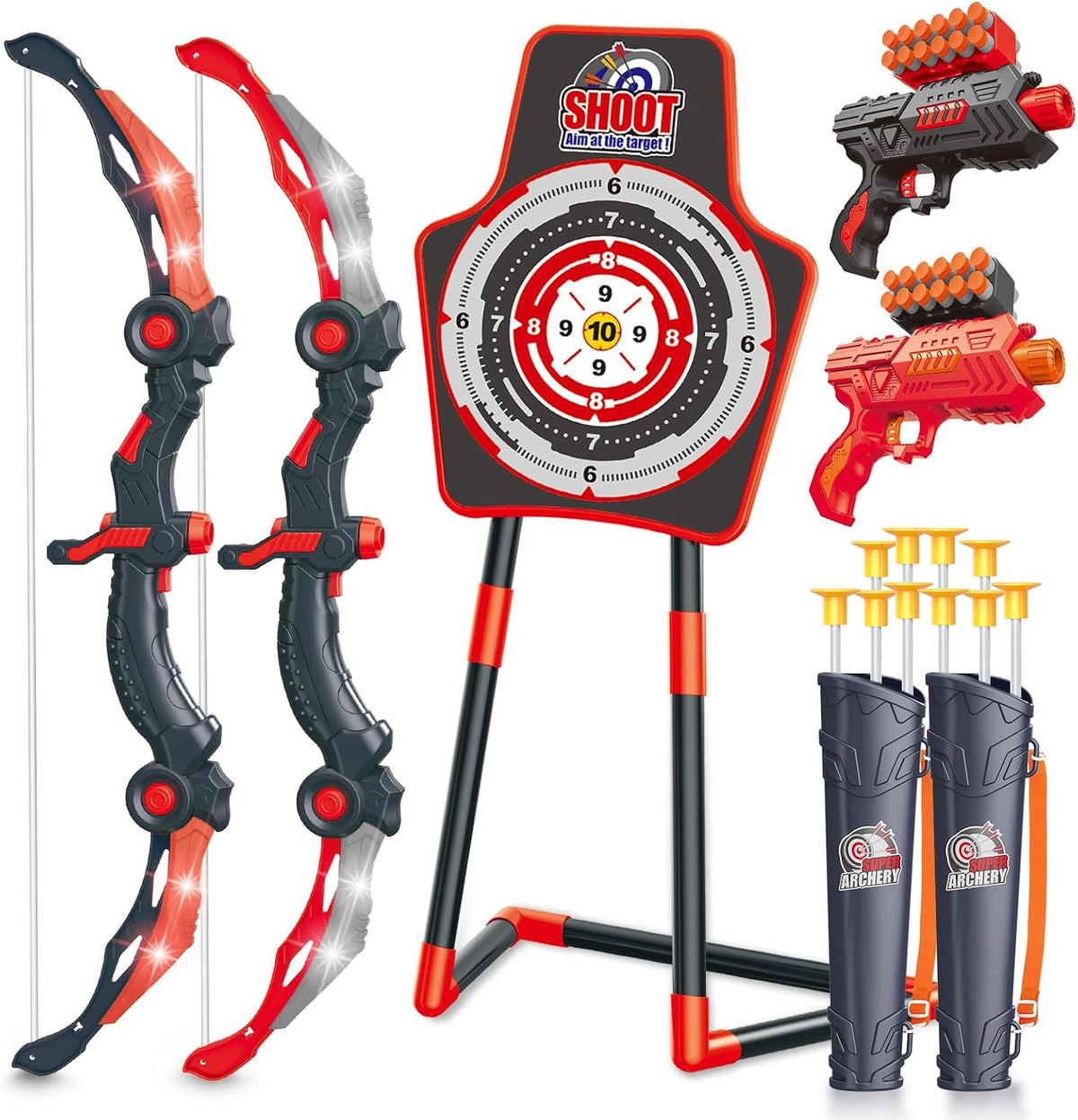 2 Bow y Arrow Sets con LED Light-up,2 Foam Dart Guns para Kids 5 6 7 8 9 10+ Years Old, Archery Set con Standing Target para Boys & Girl, Ideal Gift