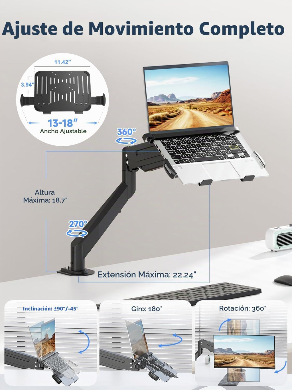 suptek - Soporte de escritorio para laptop, soporte de montaje para monitor y laptop totalmente ajustable para portátil de 13 a 18 pulgadas y pantalla de monitor de 17 a 35 pulgadas