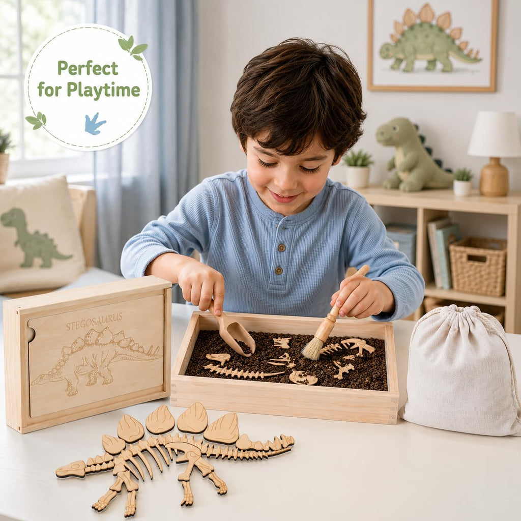 Kit de excavación arqueológica de excavación de dinosaurios, kit de excavación de fósiles para niños, esqueletos de dinosaurios, huesos y rompecabezas con caja de almacenamiento de madera, juguetes STEM para niños y niñas (Stegosaurus)