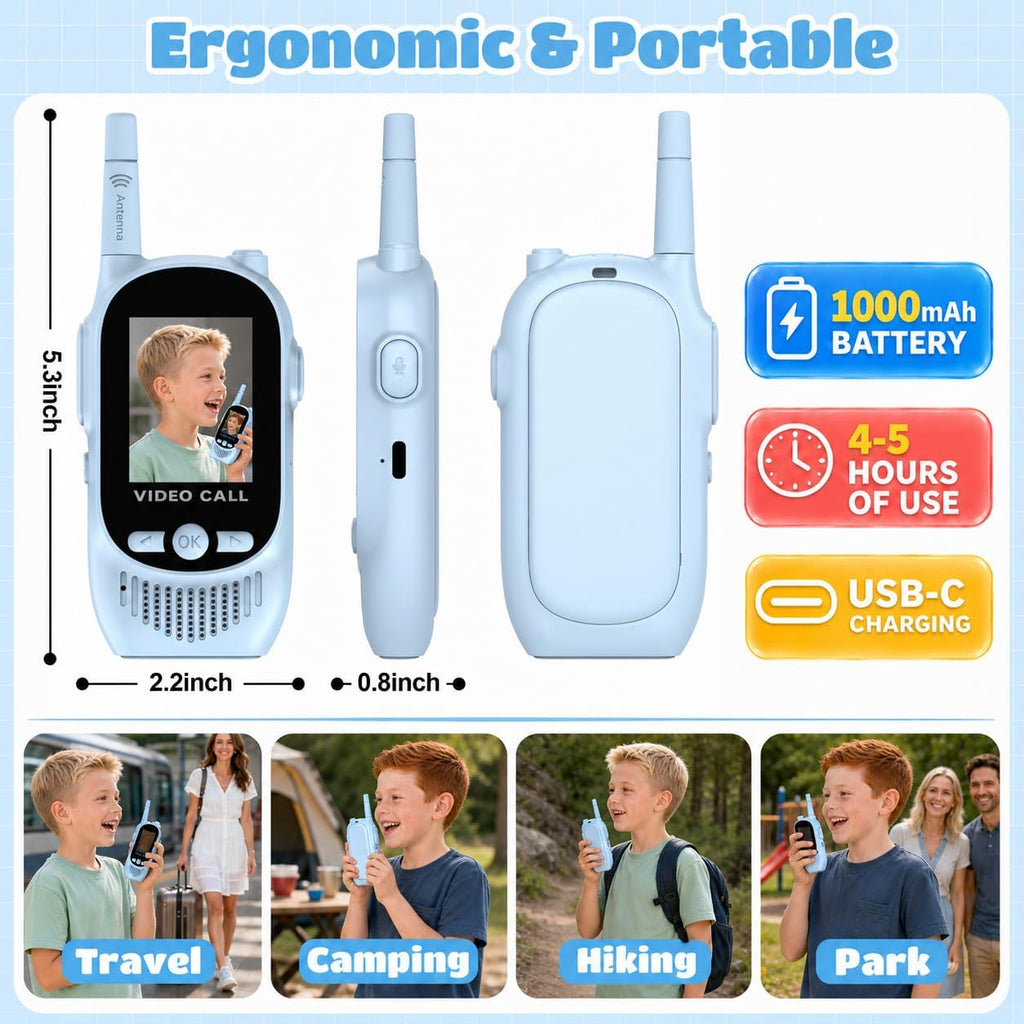 Walkie Talkies de video para niños, paquete de 2 walkie talkies recargables con cámara y pantalla, radios bidireccionales de largo alcance para acampar en interiores y exteriores, regalos para niñas y