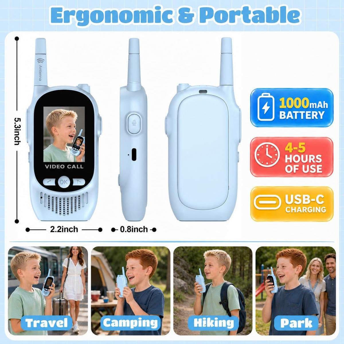 Walkie Talkies de video para niños, paquete de 2 walkie talkies recargables con cámara y pantalla, radios bidireccionales de largo alcance para acampar en interiores y exteriores, regalos para niñas y