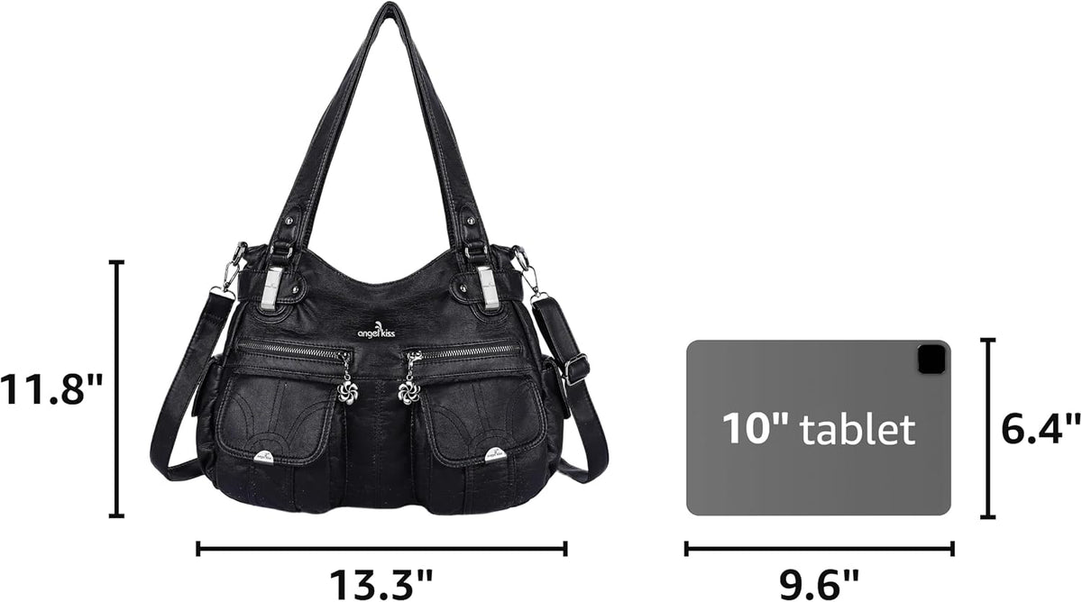Angel Kiss Bolso de diseñador para mujer, grande, doble cremallera, multibolsillo, de piel lavada