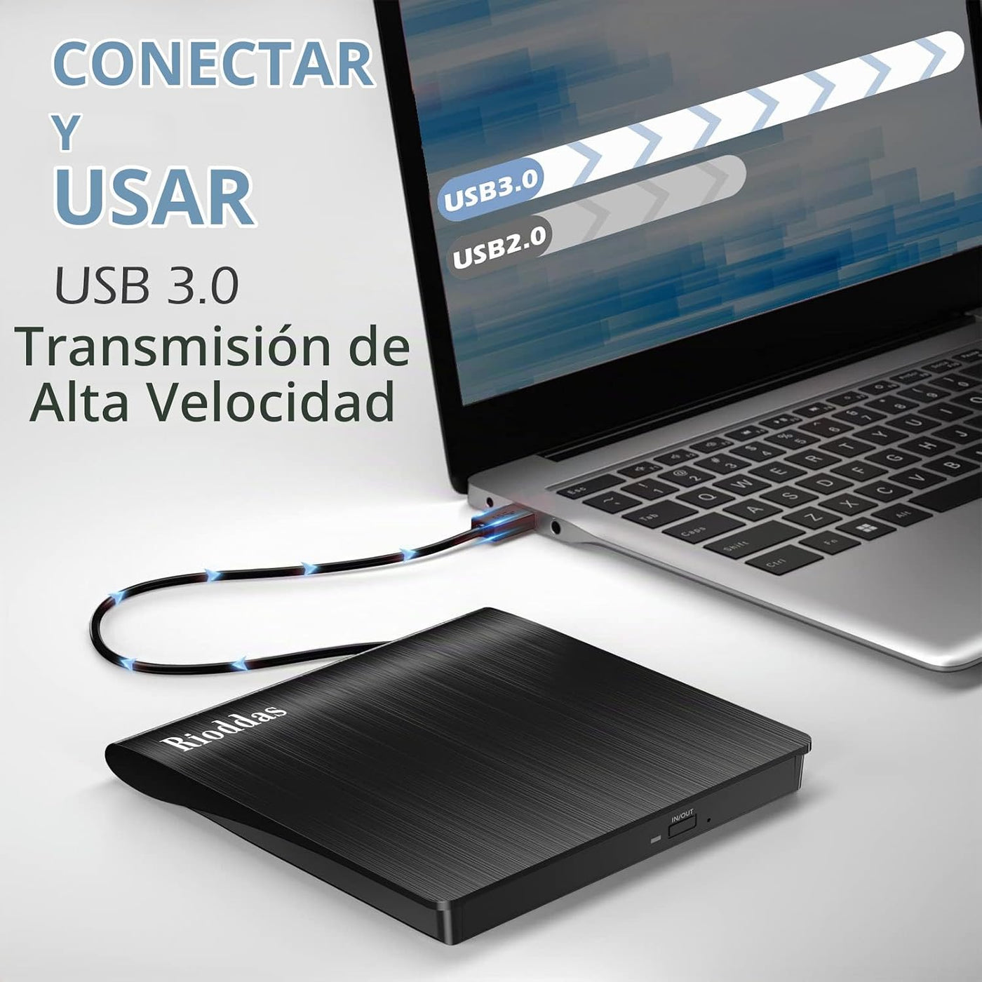 Rioddas Unidad externa de CD\/DVD para portátil, USB 3.0, reproduct...