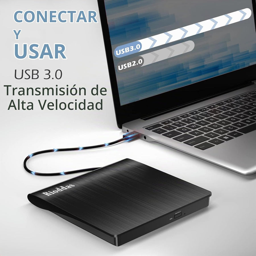 Rioddas Unidad externa de CD\/DVD para portátil, USB 3.0, reproduct...